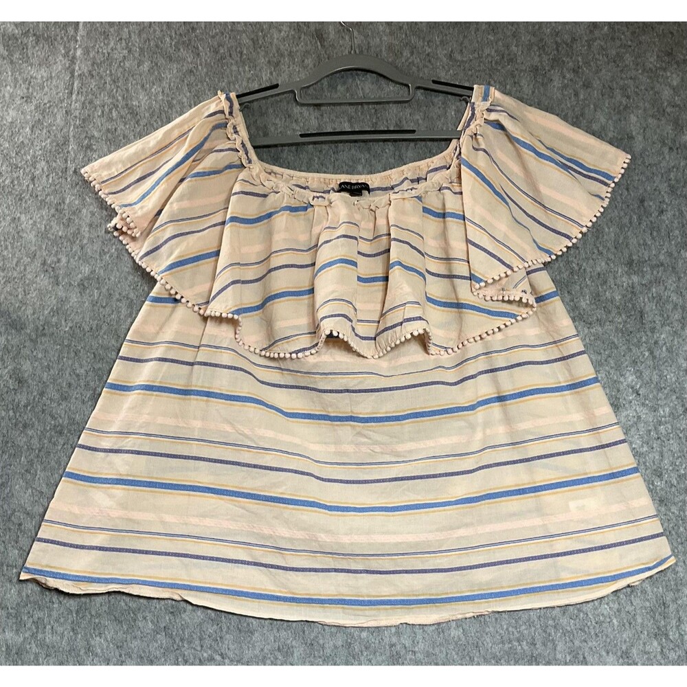 Lane Bryant Shirt Womens 18 Beige Striped Tunic Flutter Sleeve Ruffle Cotton Top